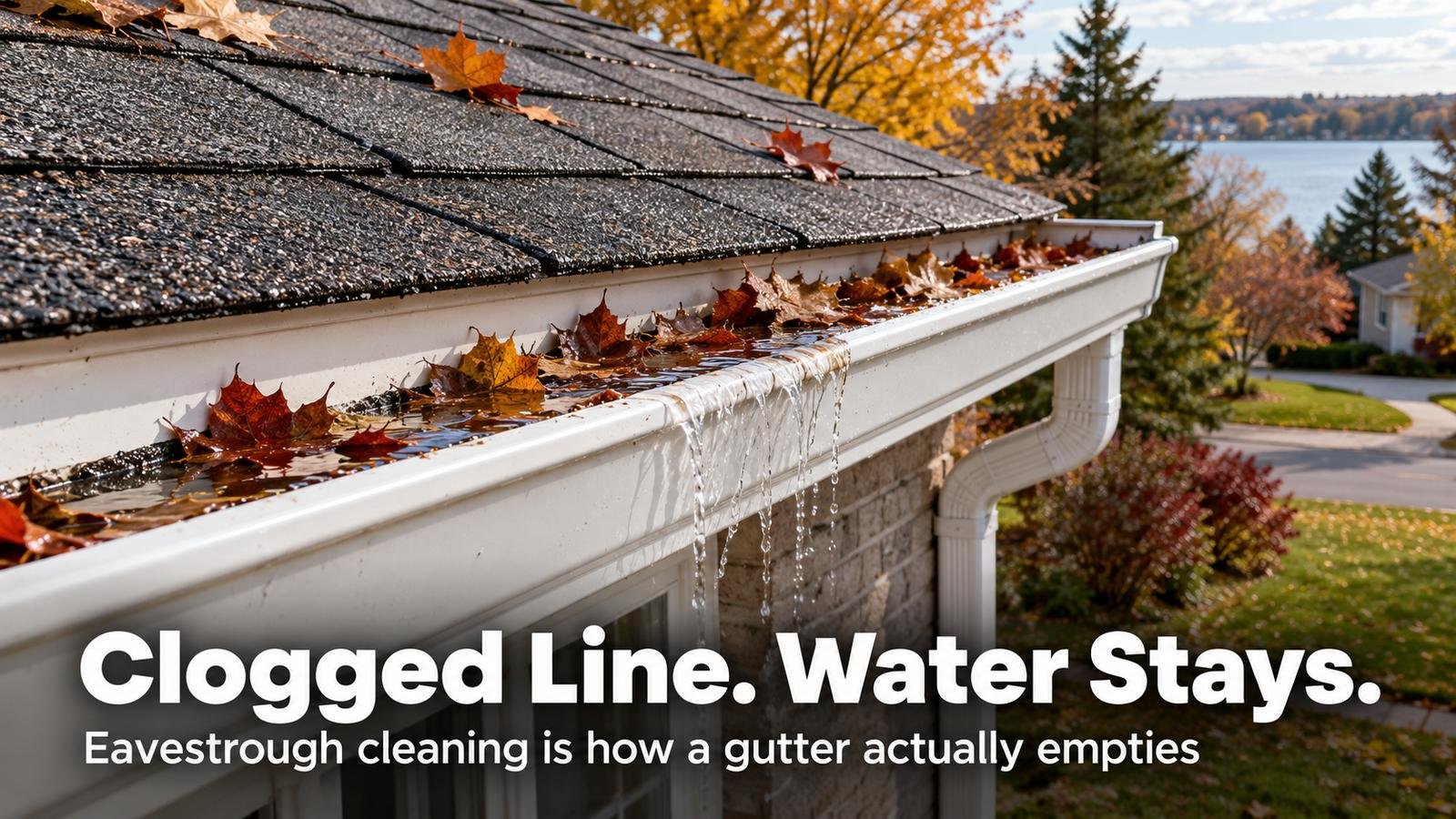 Clogged white eavestrough packed with autumn leaves and overflowing with water along a shingled roof. Overlay: Clogged Line. Water Stays.