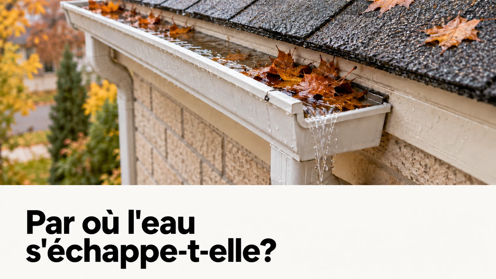 Image illustrative d'une gouttière à l'automne : des feuilles mouillées près de la sortie et un filet d'eau qui passe par-dessus le rebord. Texte : Par où l'eau s'échappe-t-elle?