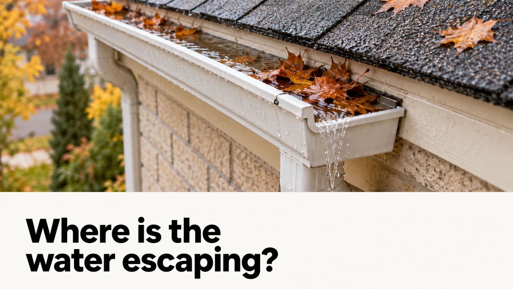 Illustrative autumn gutter scene with wet leaves near the outlet and a small spill over the front lip. Text: Where is the water escaping?
