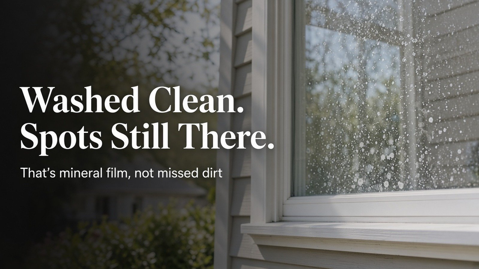 Hard-water mineral spots on a West Island home window that need specialty cleaning