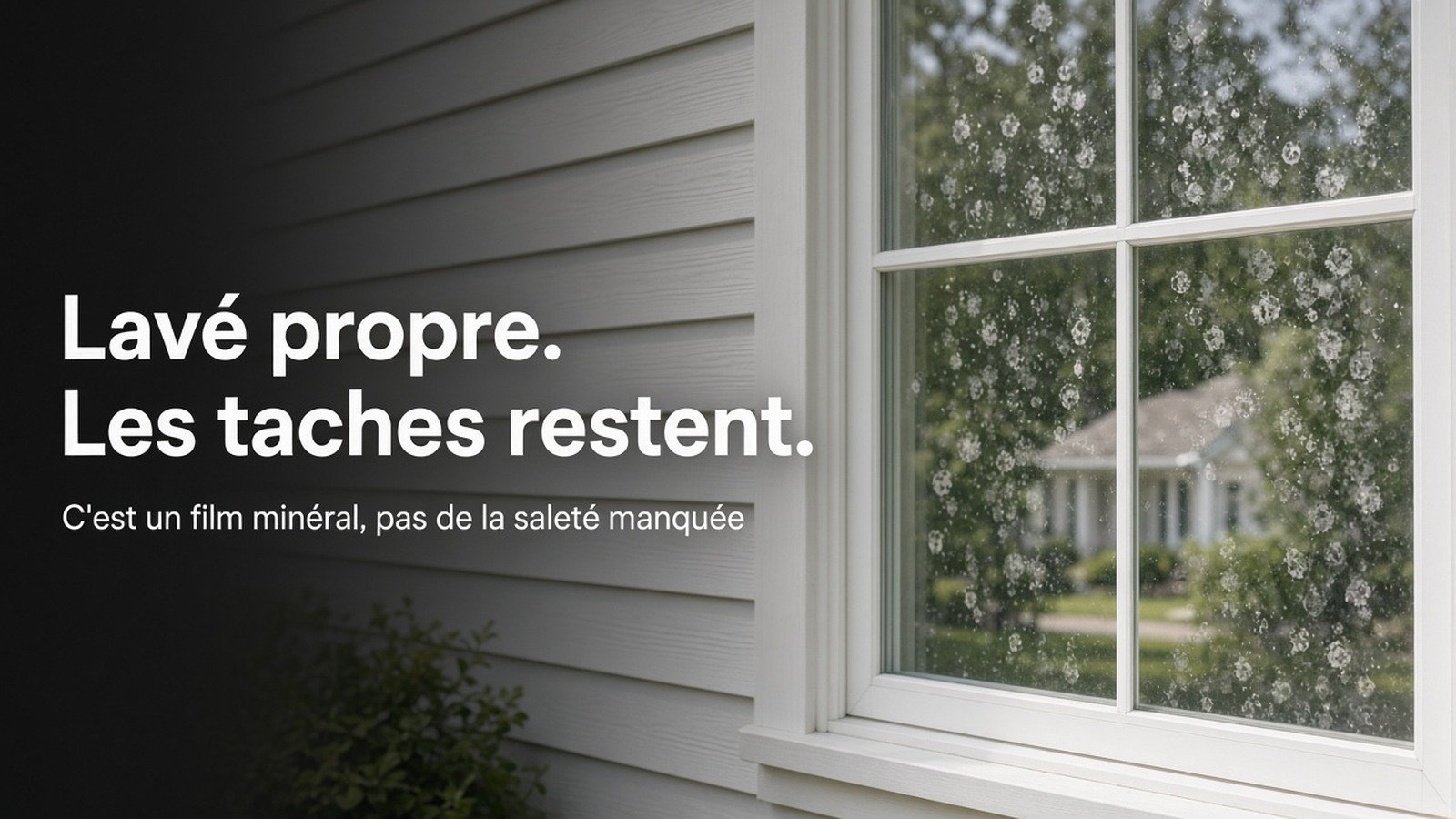 Taches d'eau dure minérales sur une vitre d'une maison de l'Ouest-de-l'Île