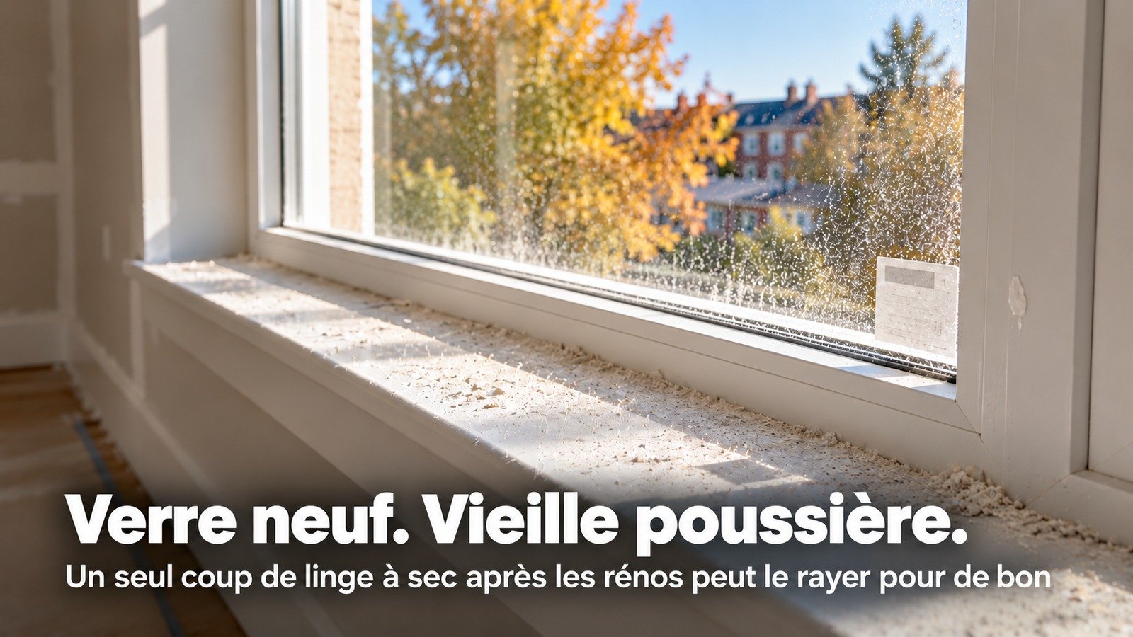 Fenêtre neuve après une rénovation résidentielle, avec de la poussière de chantier sur le verre et le rebord, l'étiquette du fabricant encore dans le coin et une petite goutte de peinture près du cadre.