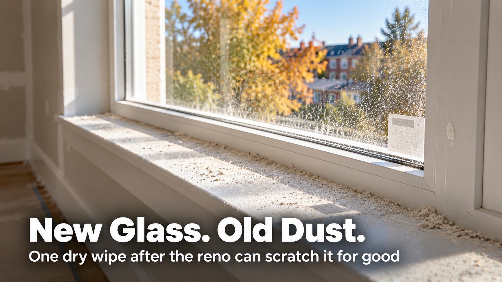 New window after a home renovation, with construction dust on the glass and sill, a manufacturer label still in the corner, and a small paint speck near the frame.