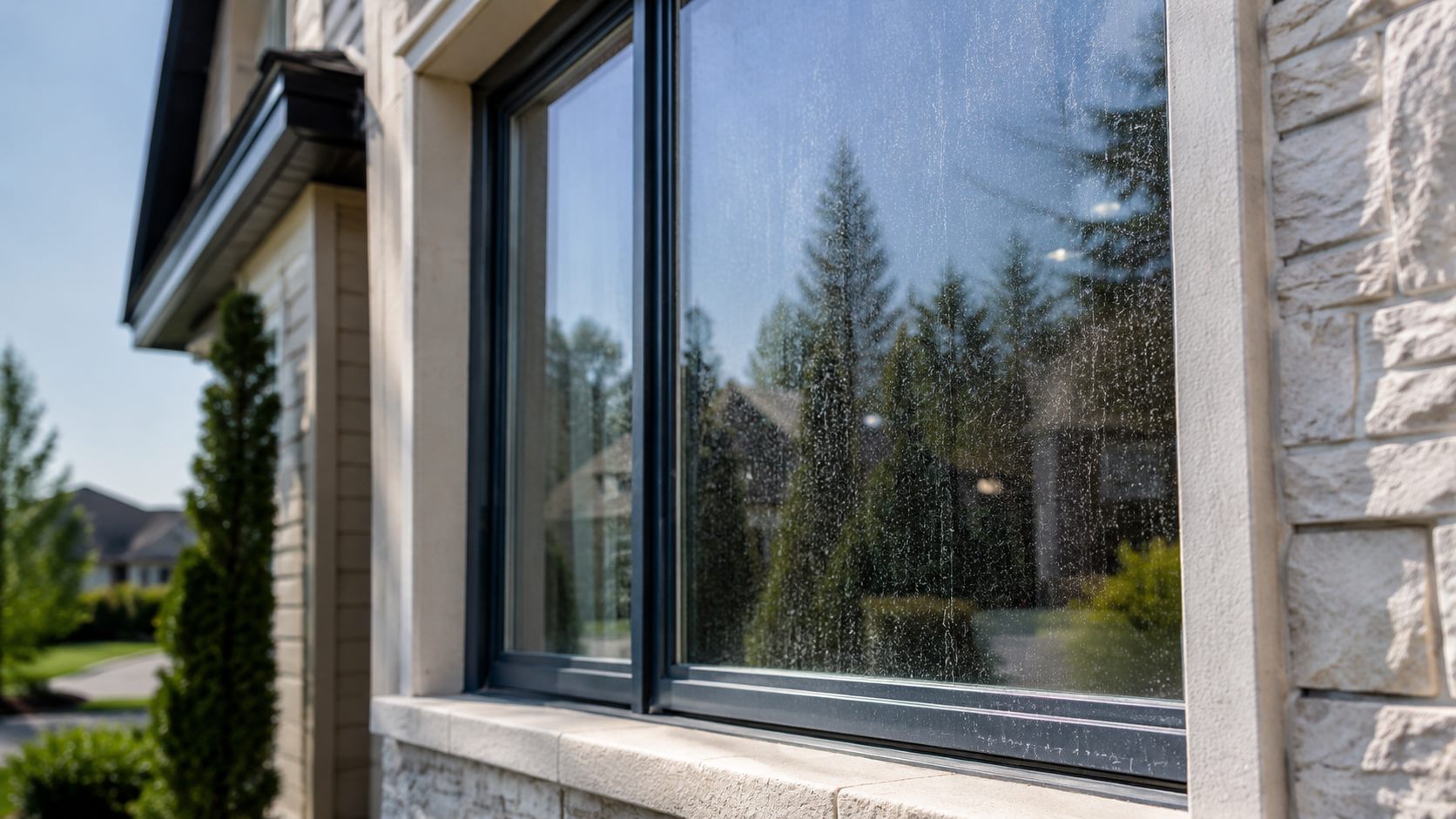 Vitre résidentielle sale avec vue floue à travers le verre