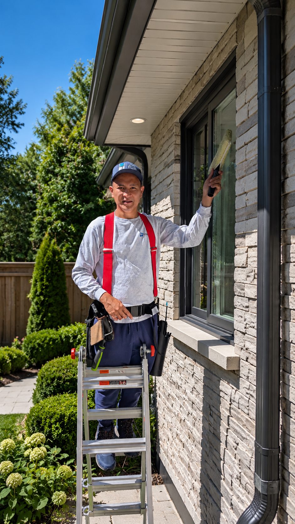 Stanley prêt à nettoyer des vitres extérieures avec des outils professionnels